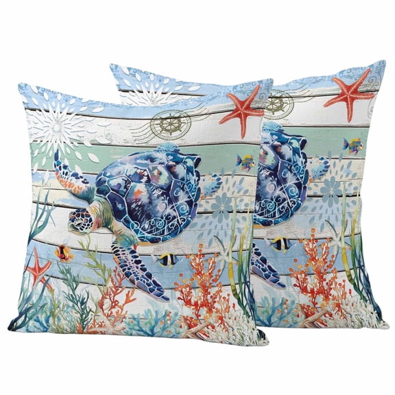 2 Pack Outdoor Waterproof Throw Pillow Covers,Ocean Sea Turtle Coral Starfish Decorative Square Patio Pillowcases for Chair Couch Sofa 16x16in
