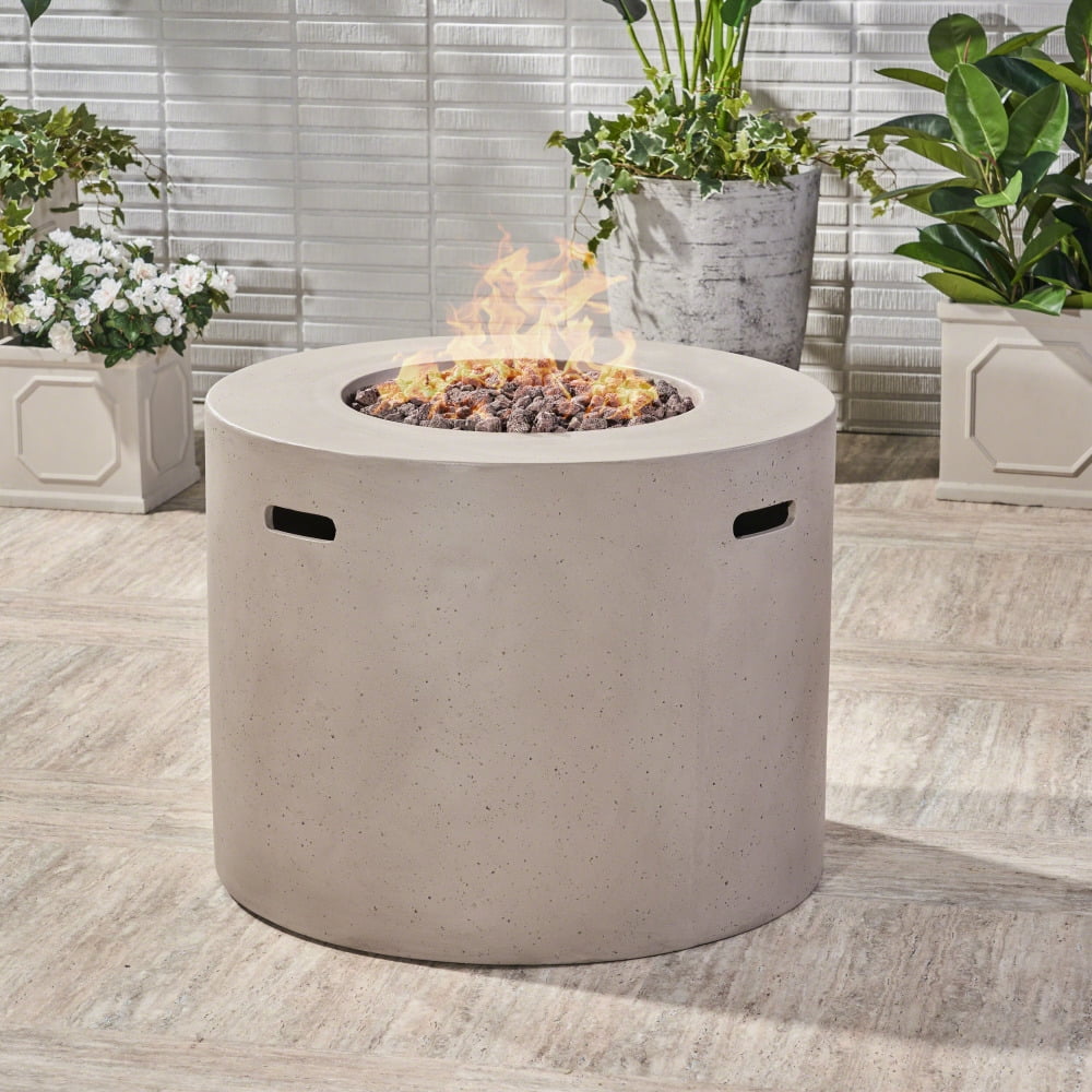 31" Round Light Weight Concrete Gas Fire Pit in Light Gray and dark grey