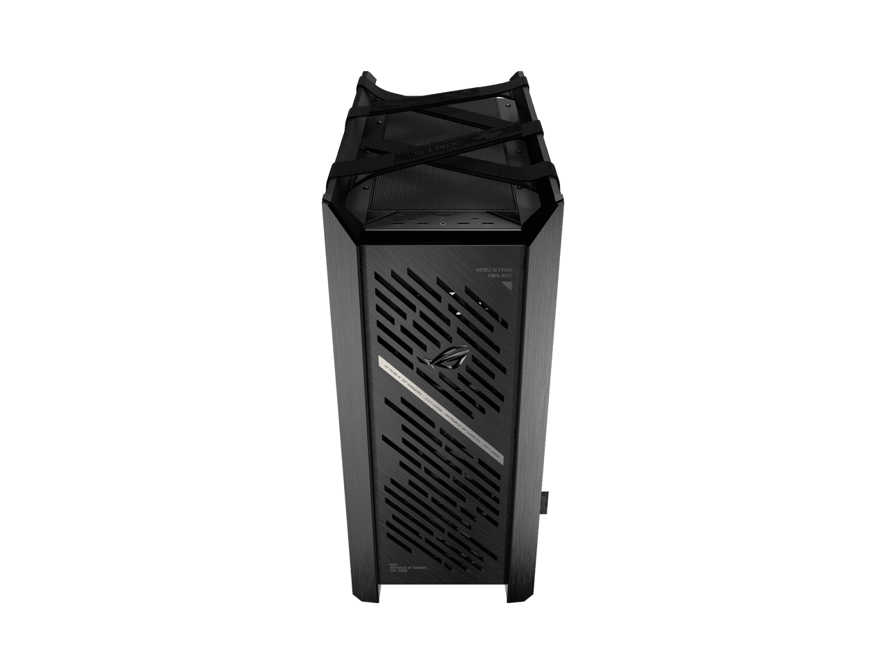 The ASUS ROG Strix Helios II is an EATX mid-tower gaming PC case featuring dual tempered glass panels and an aluminum diamond-grille design, four pre-installed fans for advanced cooling, and support