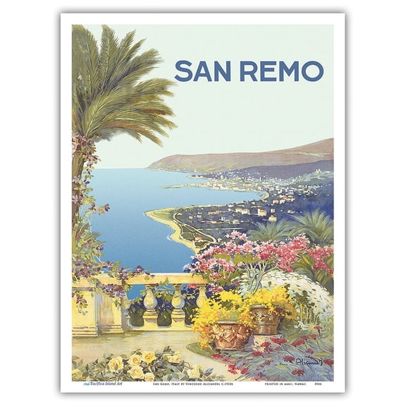 Sanremo Italy - City of Flowers - Vintage Railroad Travel Poster by Vincenzo Alicandri c.1920s - Master Art Print (Unframed) 9in x 12in