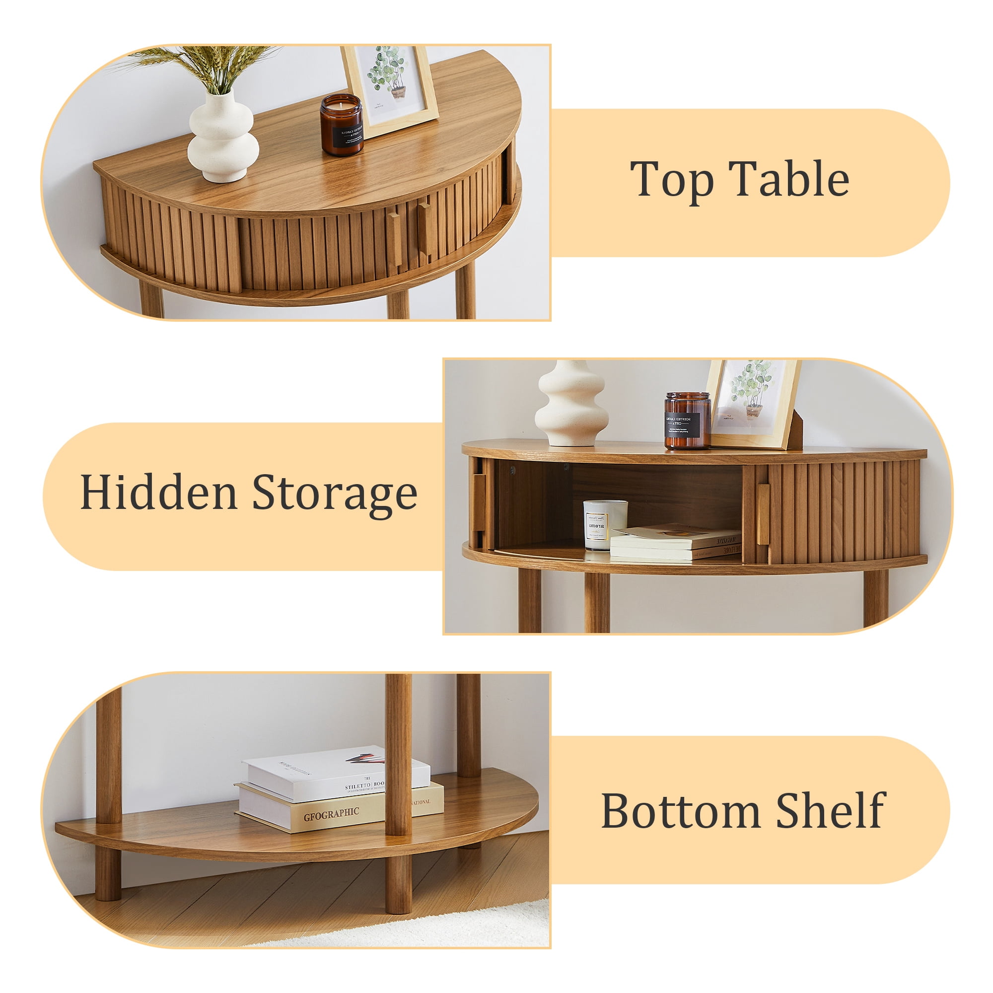 LEFHDA Entryway Table with Storage, Half Moon Fluted Mid Century Modern Console Tables, Small Narrow Sofa Table with Sliding Door, Curved Display Shelf Hallway Table for Living Room