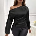 thumbnail image 2 of Womens Elegant Solid Color Satin Blouse One Shoulder Asymmetric Draped Neck Long Sleeve Shirt Black L, 2 of 6