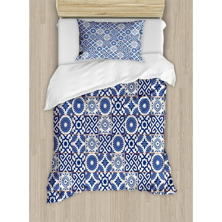 Moroccan Style Duvet Moroccan Duvet Cover Set, Old Ottoman Style Inspired Mix of Moroccan Tiles in Modern Shades Artwork Print, Decorative Bedding Set with Pillow Shams, Grey Blue, by Ambesonne ()