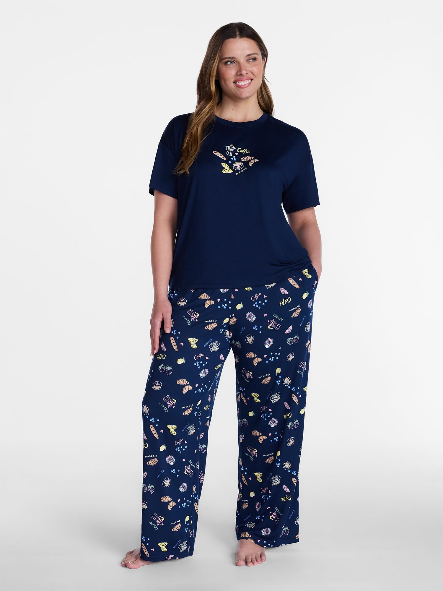 Joyspun Women's Dreamy Soft Collection Short Sleeve Sleep Top and Open Leg Pants Pajama Set, 2-Piece, Sizes XS-3X