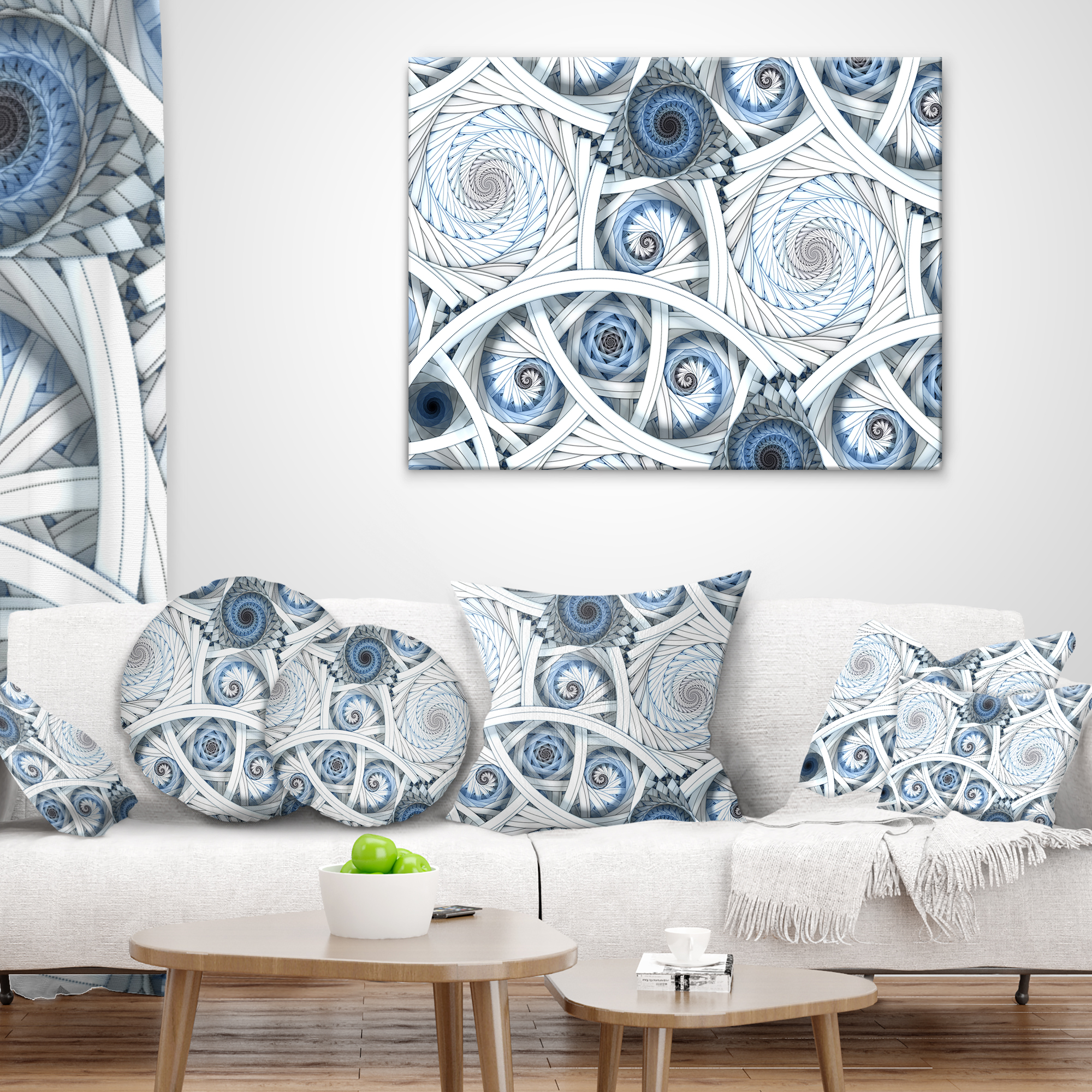 Designart White Spiral with Blue Fractal Art - Abstract Throw Pillow - 12x20