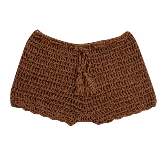 Women Swimwear Bottoms Elastic Waist Swim Shorts Solid Color Low Waist Retro Basic Coffee,L