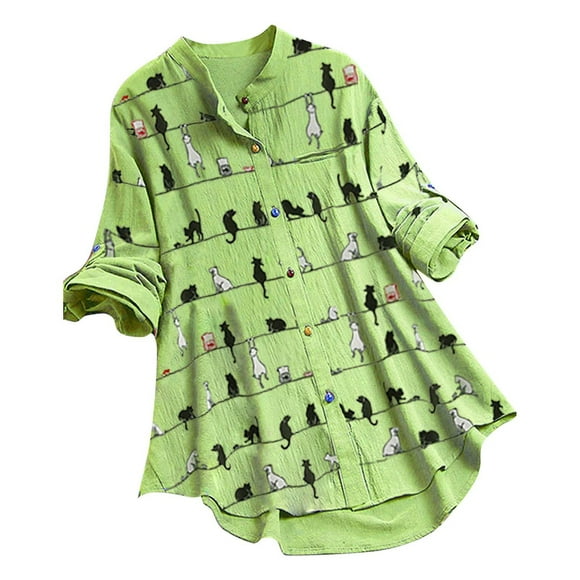Blusa tipo camisa para mujer, casual, con estampado de gato, manga larga