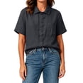 thumbnail image 5 of Women's Dress Shirts Causal Button Down Short Sleeve Shirt with Chest Pocket Breathable Linen Blouse for Women, 5 of 8