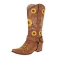thumbnail image 6 of Mid Calf Cowboy Boots for Women Sunflower Floral Embroidery Stacked Heel Long Booties Pointed Toe Pull on Western Riding Boots, 6 of 6
