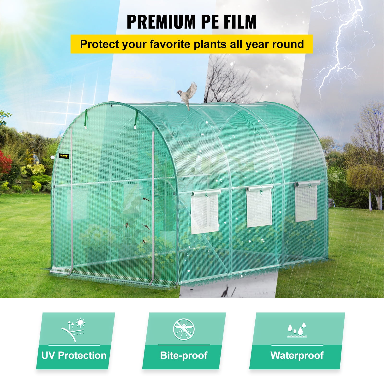 VEVOR Walk-in Tunnel Greenhouse, 9.8 x 6.6 x 6.6 ft Portable Plant Hot House with Galvanized Steel Hoops, 1 Top Beam, Diagonal Poles
