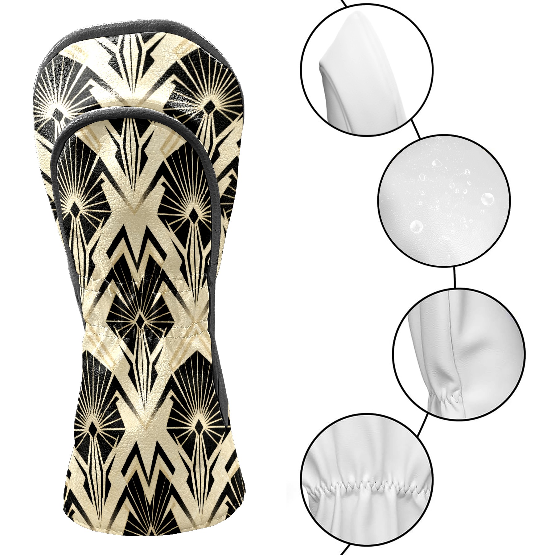 Golf Club Covers, Beige GeometricPattern Premium PU Leather Driver Hybrid Putter Head Covers with Velvet Lining, Waterproof Golf Gifts for Men Women