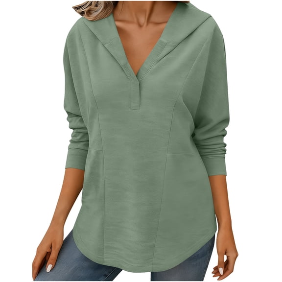 OGLCCG Hoodies for Women Trendy Fall V Neck Long Sleeve Hooded Sweatshirt Casual Solid Color Lightweight Curved Hem Tunic Tops