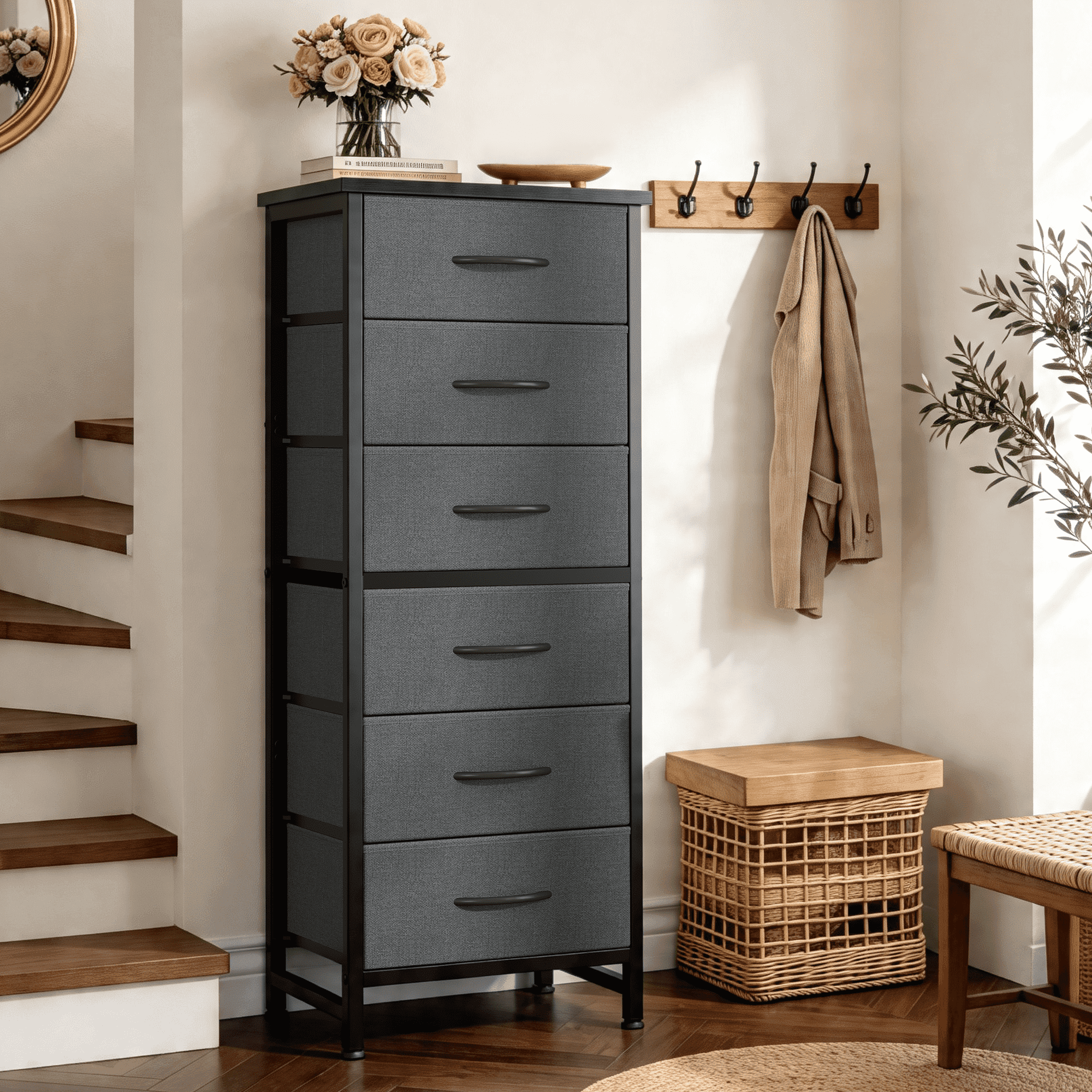 CONCETTA Tall Storage Dresser with 6 Fabric Drawers, Metal Frame with Cross Support Rods, Anti-Tip, Wood Top for Bedrooms, Offices and Compact Spaces, Gray