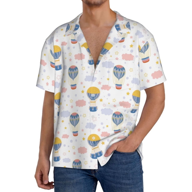 Fotbe Hot Air Balloon Camisa Estampada de Manga Corta para Hombre, Casual de Verano, Estilo Playero, Sin Arrugas-Small