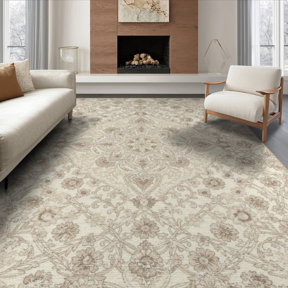 ODIKA 8'x10' Washable Area Rug Durable, Non-Slip Beige Neutral Entry Boho Motif Decorative Scrolling Vine Way for Living Room, Under Sectional, Family