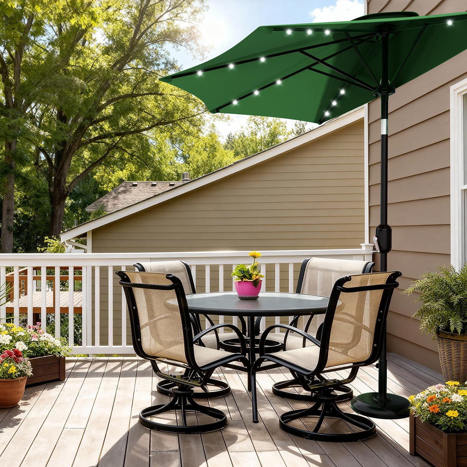 Senfot 9FT Half Patio Umbrella with Solar LED Lights, Smooth Crank Lift Outdoor Shade Canopy, UV Resistant for Patio Backyard Deck, Dark Green