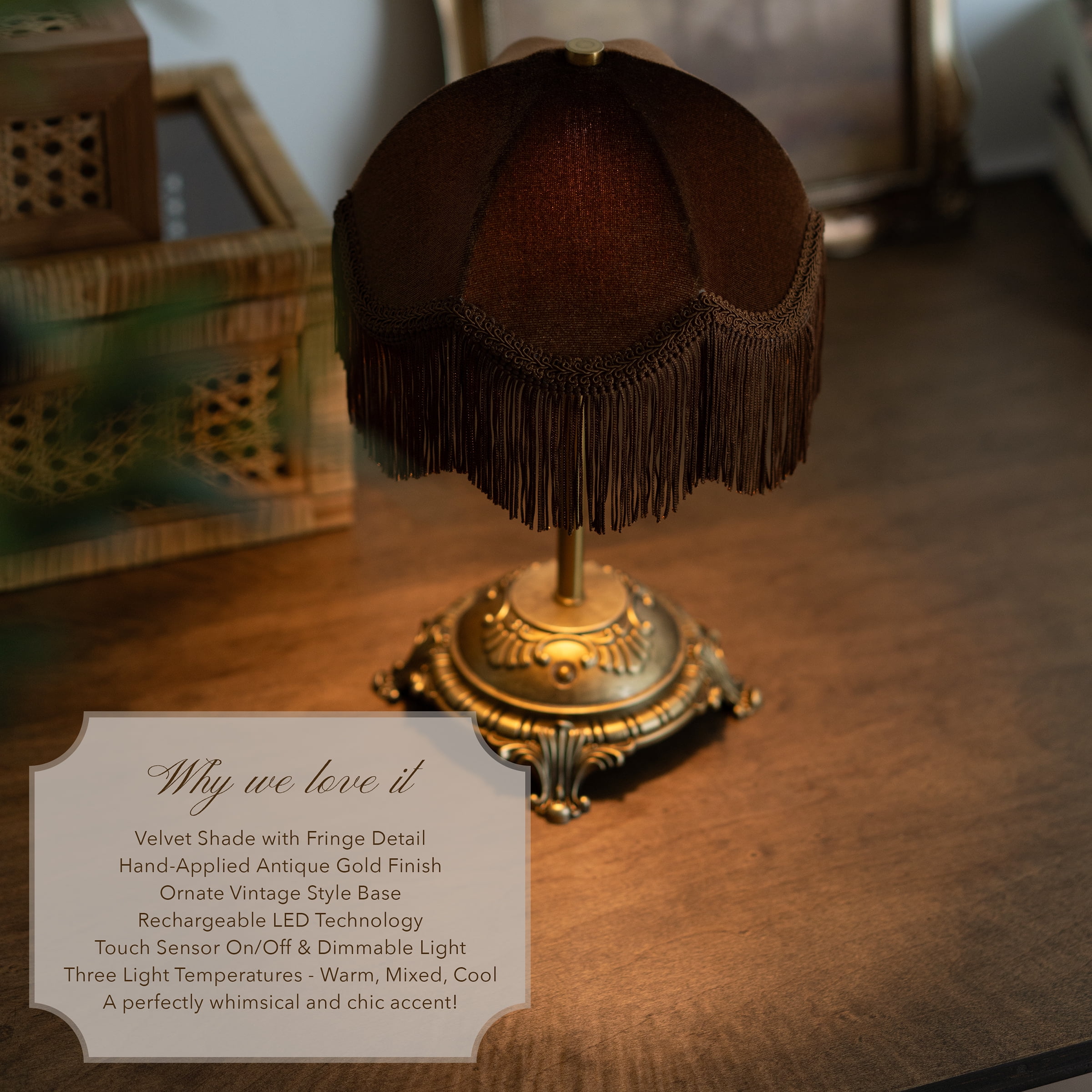 Home Decor Collection Sterling & Noble Home Brown Velvet Fringe Victorian Style Rechargeable Table Lamp