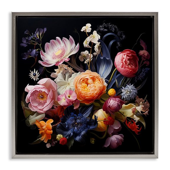 Stupell Industries Vintage Dark Bouquet Plants & Flowers Painting Gray Floater Framed Canvas Art Print Wall Art, 18 x 18