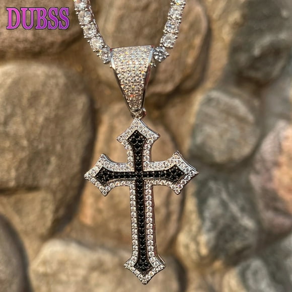 DUBSS Iced Out Cross Pendant Necklace for Men Prong Setting Bling Charms Real Gold Plated Hip Hop Jewelry