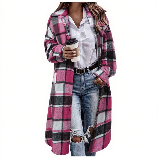aohooy Oversized Womens Winter Flannel Jacket - Long Button Up Plaid Lapel Knee Length Checkered Shacket Trench Coat Pink,L