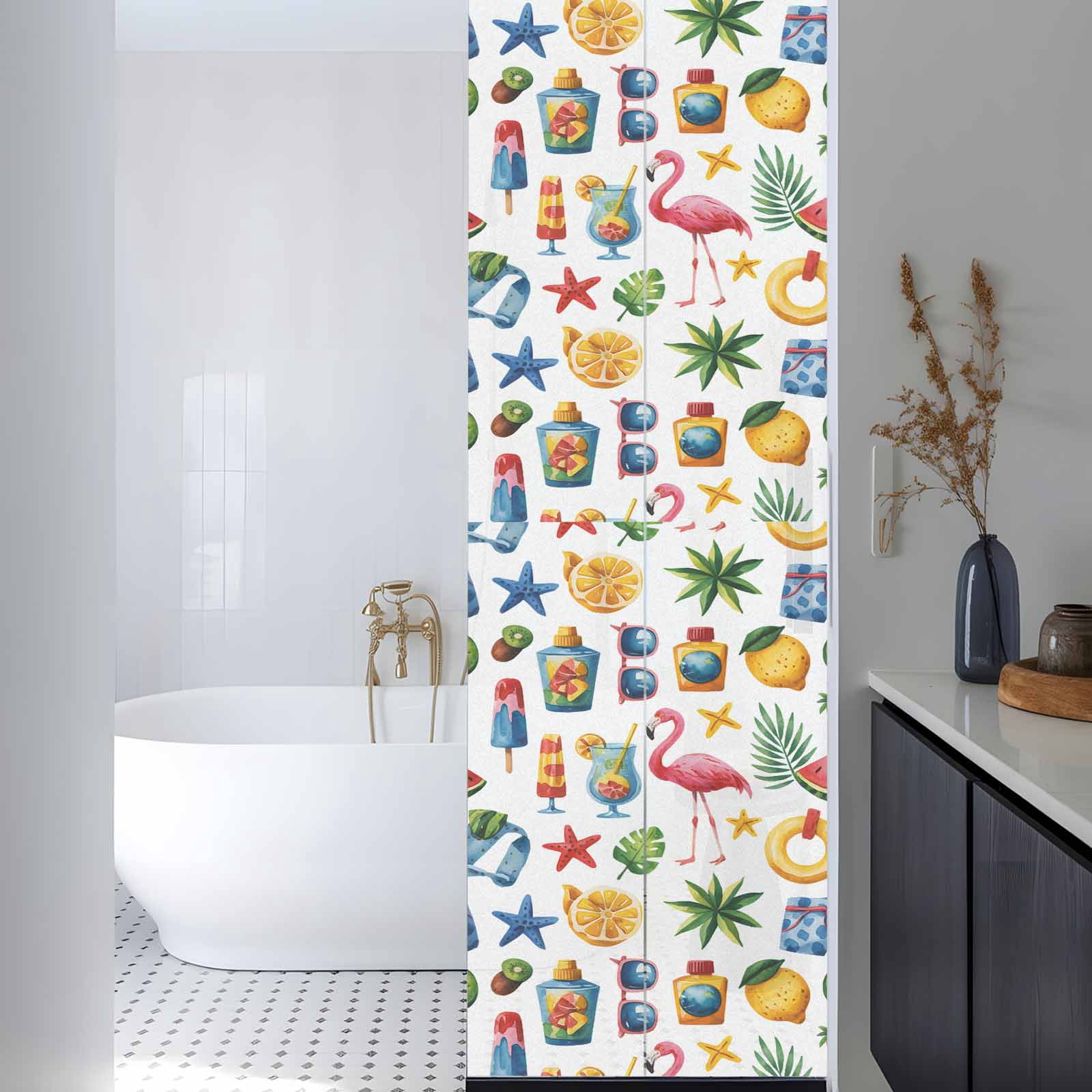 Summer Watercolor Style Window Privacy Film, Watermelon Flamingo Coconut Frosted Glass Window Clings Static Cling UV Heat Blocking Reusable Door Sticker for Bathroom 29.5 x 118 Inch