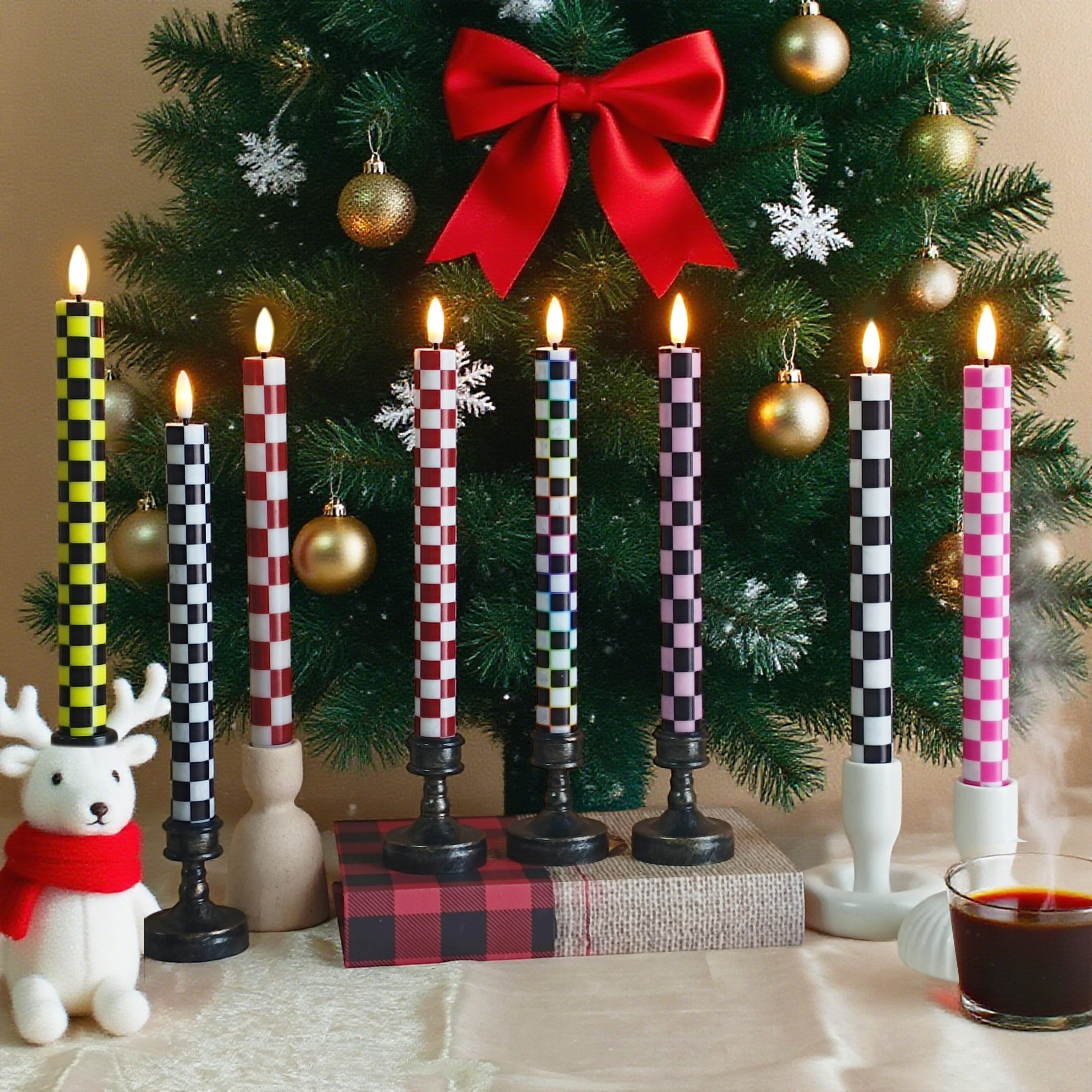 3PCS Flameless Taper Candles with Printed Pattern of Squared,10 Inch LED Candlesticks 3D Flickering Flame Candle Lights with Remote for Halloween Centerpieces Dinner Table Home Party Decor