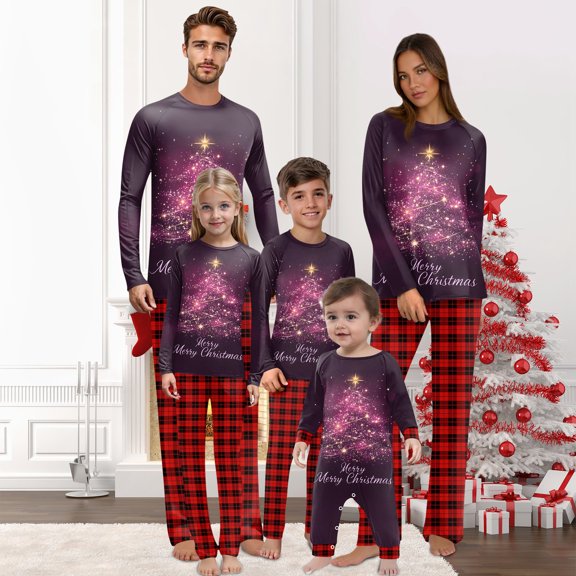 Onlypjs Family Matching Christmas Pajamas Set for Men, Women and Couples – Purple Sparkling Tree Design Tops with Red Plaid Pants