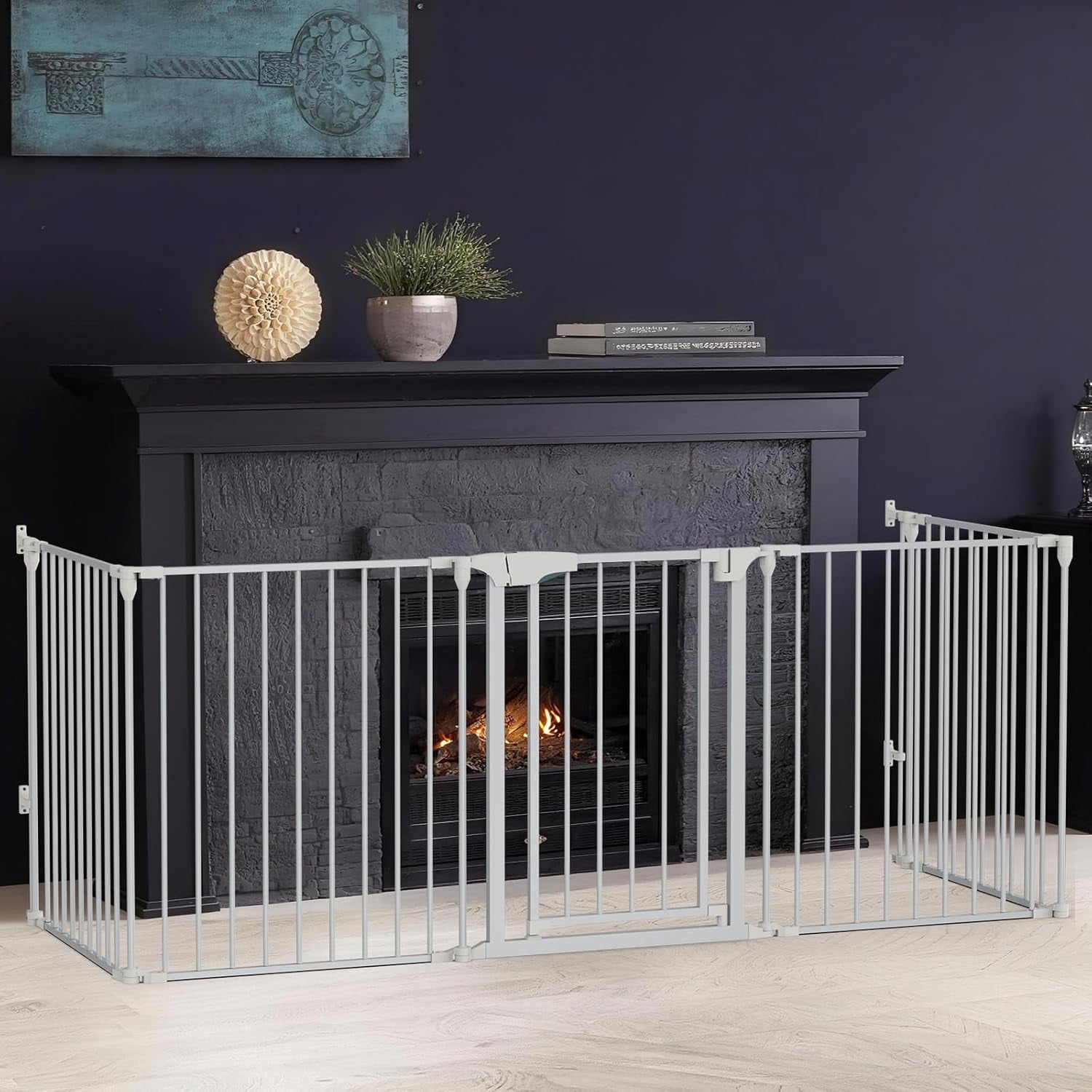120-Inch Wide Metal Baby Safety Fence/Play Yard Adjustable Fireplace Hearth BBQ Fire Gate Christmas Tree Gate 5-Panel Playpen for Toddler/Pet/Puppy/Cat/Dog, 25.39"W x 29.3" H Each Panel, White