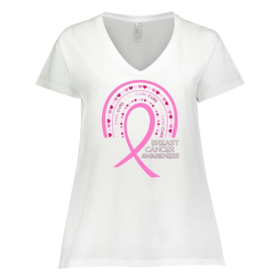 Inktastic Breast Cancer Awareness Rainbow Ribbon with Hearts Women's Plus Size V-Neck T-Shirt