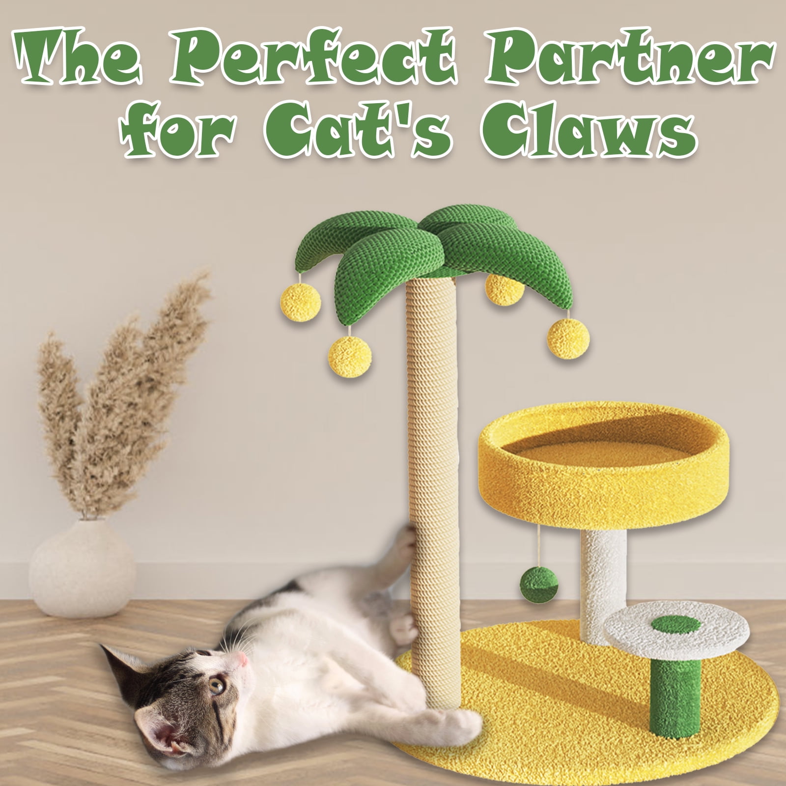 VIVBOO Cat Tree 27.6 inch Tower for Indoor Cats Yellow Green Coconut Cat Scratching Post.