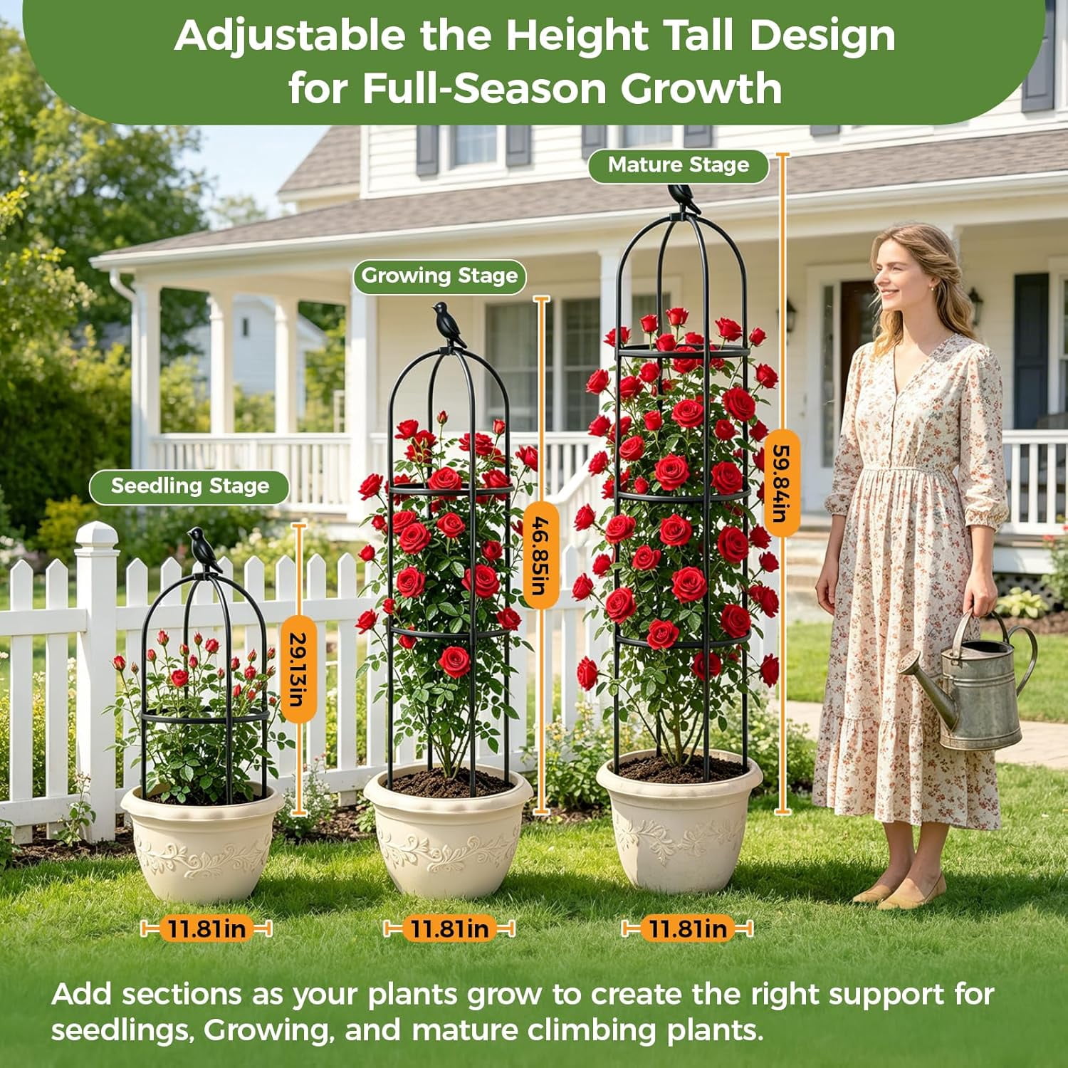 1pcs Garden Obelisk Trellis for Climbing Plants Outdoor, Tomato Cages for Garden, Metal Rustproof Plant Support Trellis for Potted Plants, Rose, Vine, Vegetable for Outdoor & Indoor Use (Black)