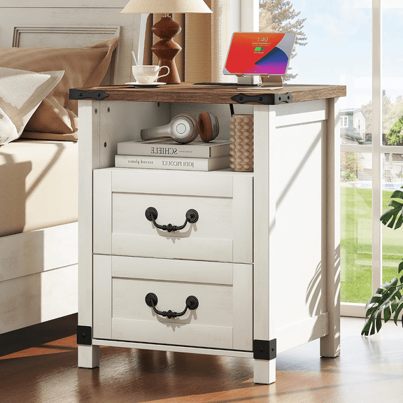 VGBYUJ Farmhouse Nightstand with Charging Station & USB Ports, Bedside Table with 2 Drawers, Wood Nightstand for Bedroom, Living Room, White & Brown