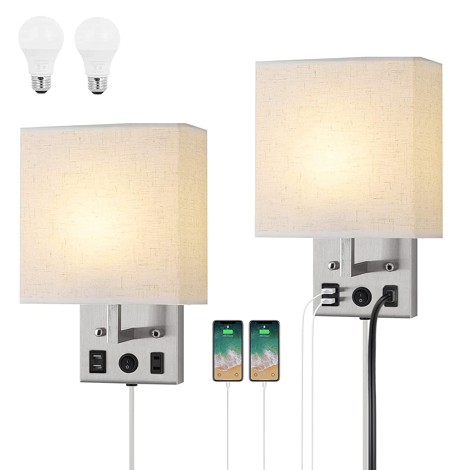 Wall Lamps，Set of 2 Plug in Bedside Lights Wall Mounted with USB Ports