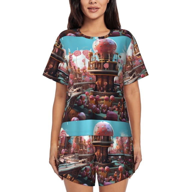 Balery fairy-tale-world-with-delicious-candy Conjunto de Pijama para Mujer con Estampado, Dos Piezas de Manga Corta y Shorts, Ropa de Dormir Suave con Cuello Redondo y Bolsillos-X-Large
