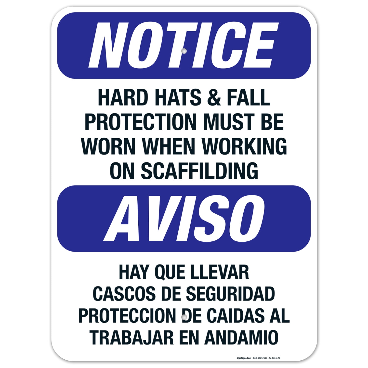 Bilingual Hard Hats & Fall Protection Must Be Worn Sign, OSHA Sign ...
