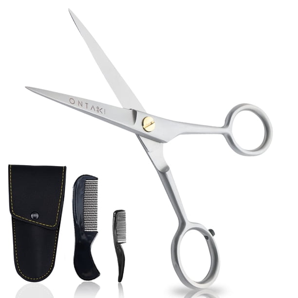 ONTAKI 5 tijeras alemanas para barba y bigote – 2 peines (peine para barba + peine para bigote) con bolsa de transporte – Tijeras para recortar barba forjadas a mano con reposamuñecas (plata (acero al