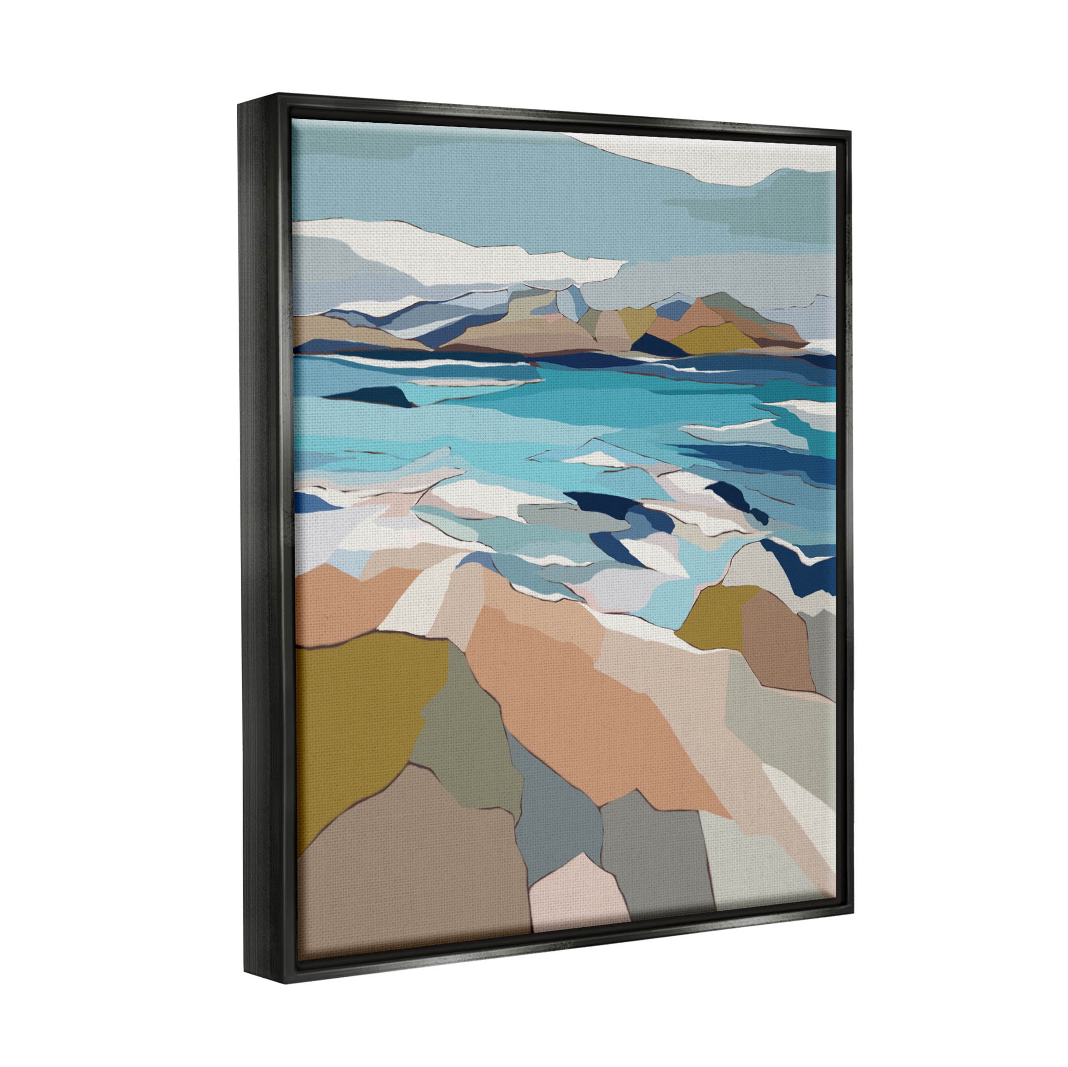 Stupell Industries Rocky Ocean Shore Beach Landscape Graphic Art Jet Black Floating Framed Canvas Print Wall Art, Design by Nikita Jariwala