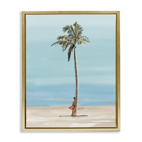 Stupell Industries Contemporary Girl Leaning On Palm Tree Gold Floating Frame Canvas Art, 17 x 21, by Amelia Noyes
