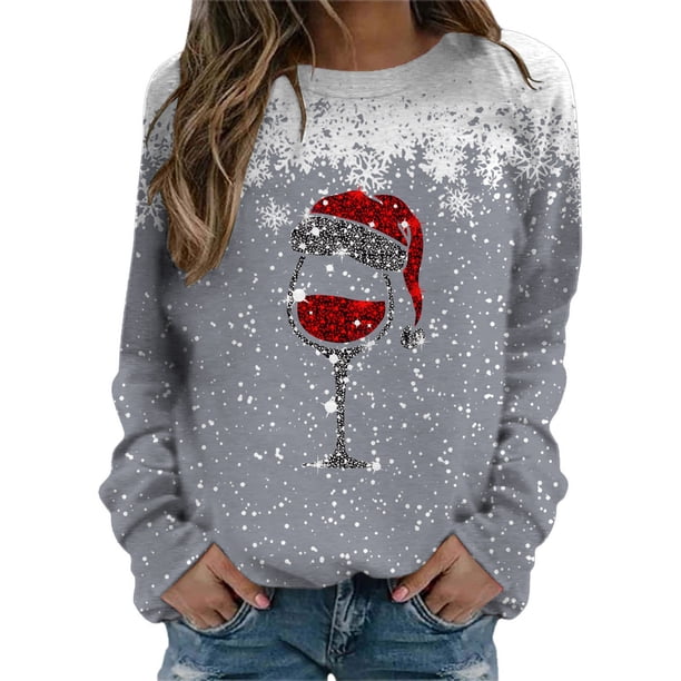 Sudadera sin capucha Gibobby Manga larga cuello redondo estampado navideño mujer Gris L