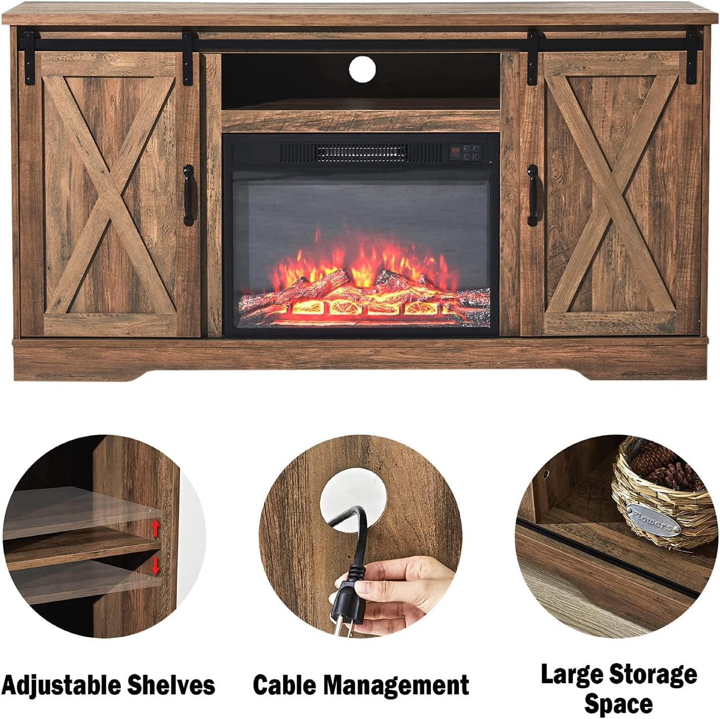 VANACC 59" Farmhouse Fireplace Entertainment Center with Adjustable Shelves，Barnwood, TV Stand with Sliding Barn Door for TVs up to 65"