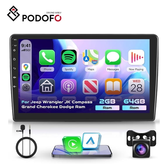 Podofo 2G 64G Car Stereo Radio for Jeep Wrangler JK (2007-2016)/Dodge Ram (2009-2012)/Grand Caravan (2011-2013)/Challenger (2009-2011), 9-inch Touchscreen with Wireless CarPlay&Android Auto Backup Ca