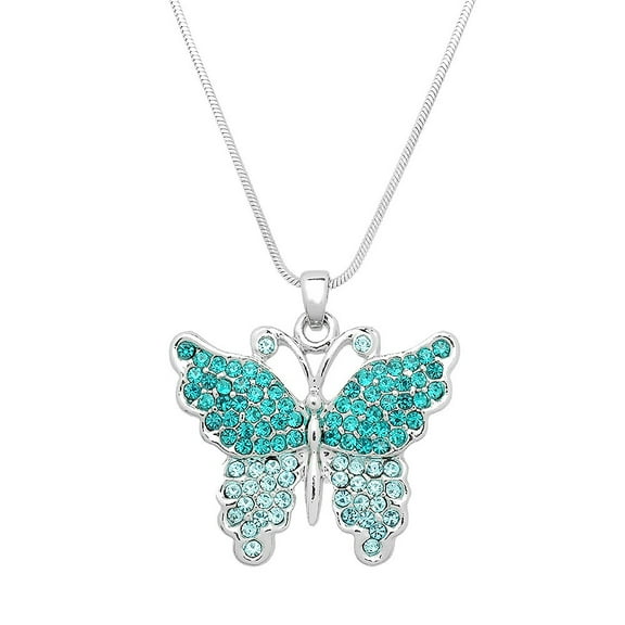 Butterfly Pendant Necklace Rhinestone Crystal Rhodium Plated 17 Inch Snake Chain J0549-AQ
