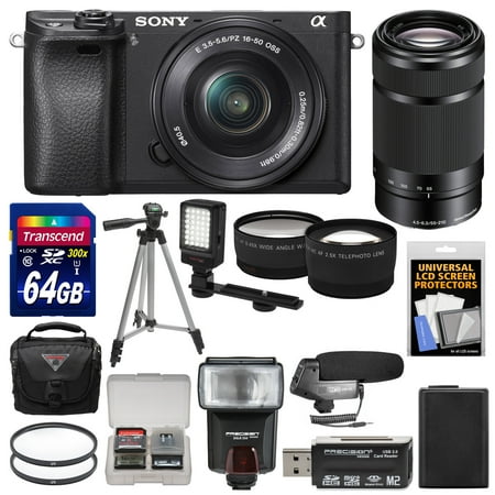 Sony Alpha A6300 4K Wi-Fi Digital Camera & 16-50mm & 55-210mm Lenses (Black) with 64GB Card + Case + Flash + Video Light + Mic + Battery + Tripod + Kit
