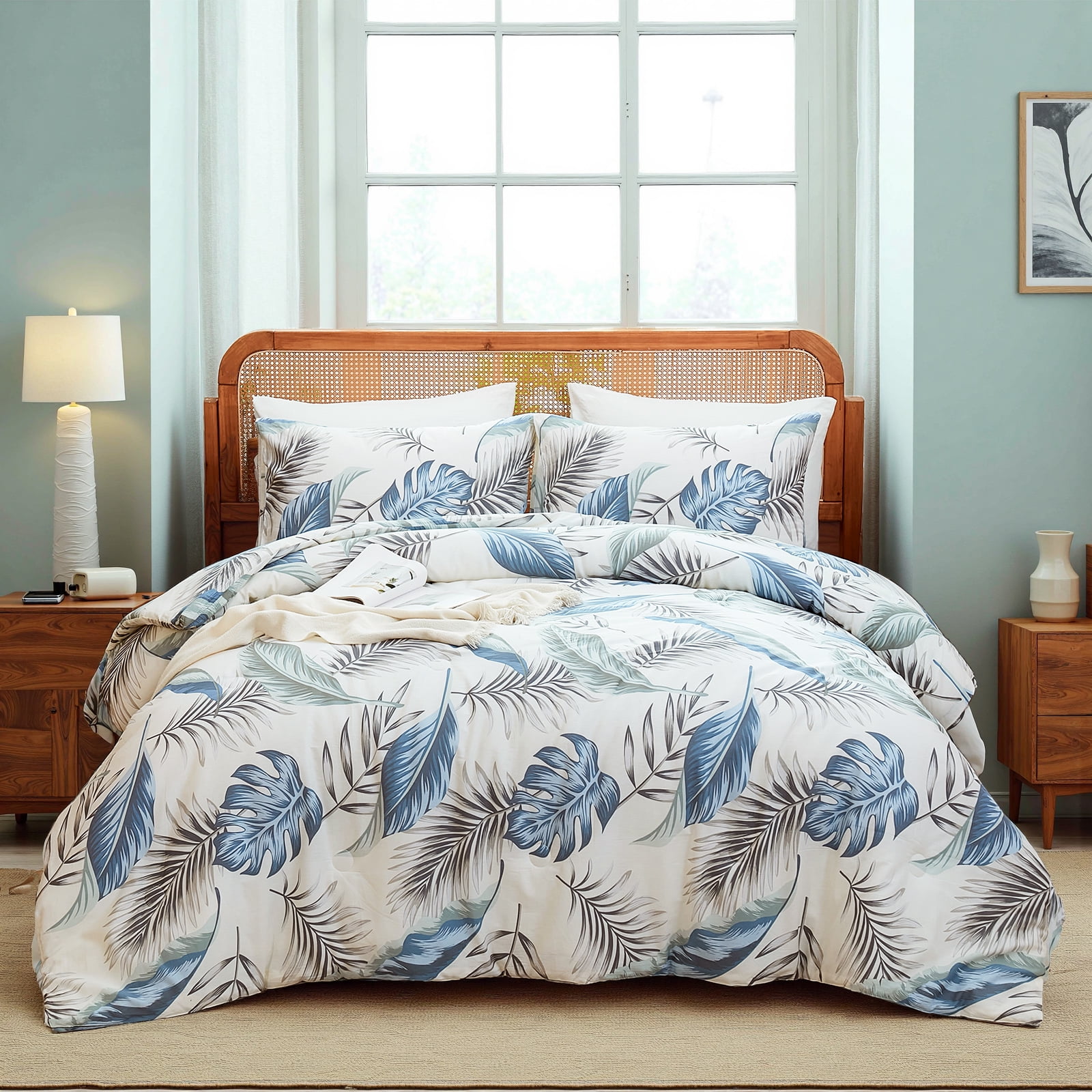 100% Cotton Comforter Set Queen Size, Botanical Floral Comforter with 2 Pillowcases, Vintage Garden Flowers Pattern, Soft Breathable Bedding for All Seasons
