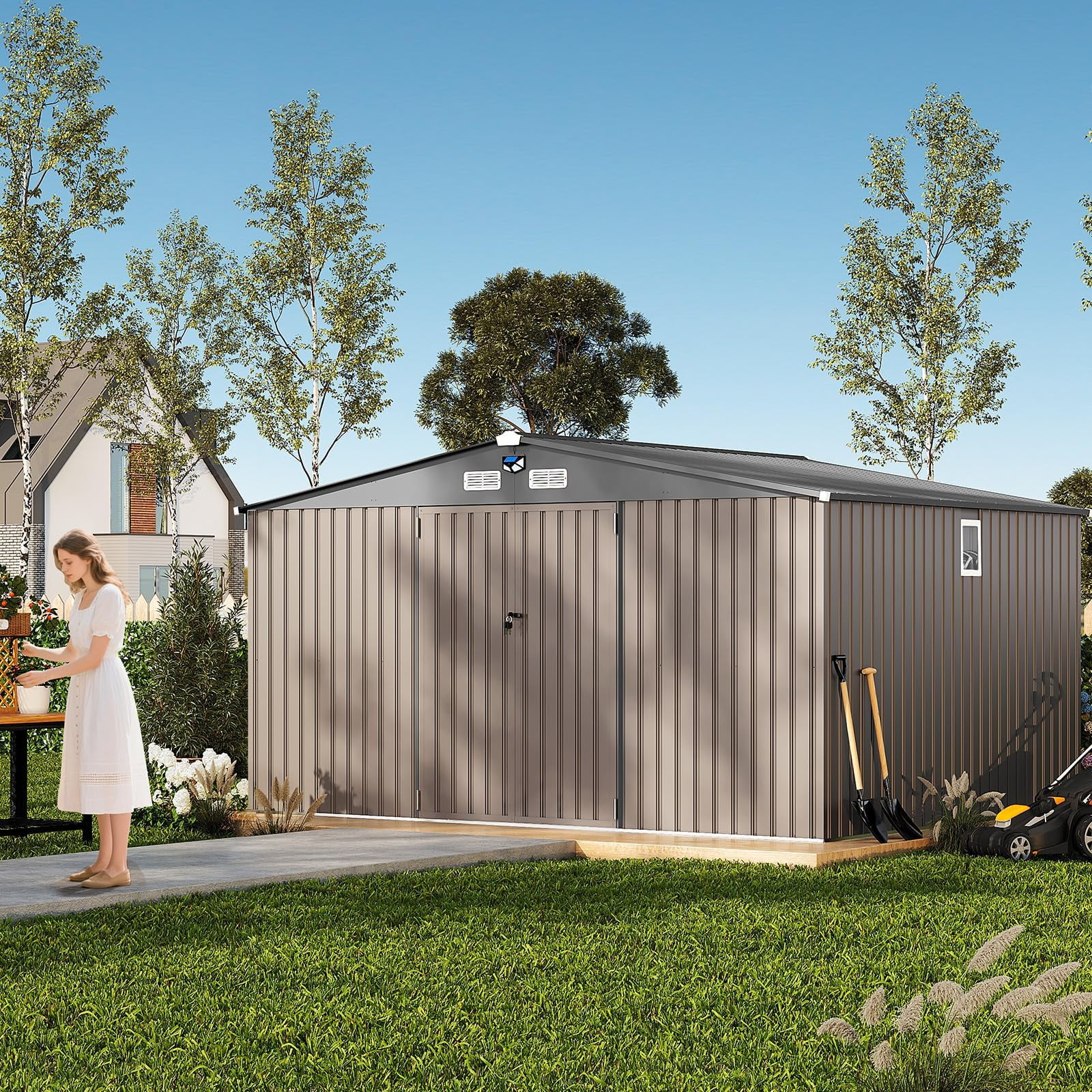 10x12 FT Outdoor Storage Shed, Metal Garden Tool Shed with Updated Frame Structure, Lockable Doors and Windows, Ideal for Backyard Garden Patio Lawn, Brown