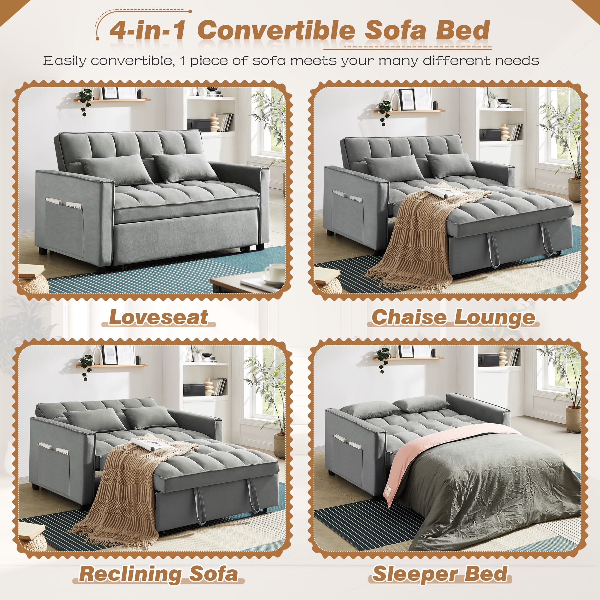 Lunale 4-in-1 Convertible Futon Sofa Bed, Pull Out Couch Beds Loveseat Sleeper, Gray Velvet