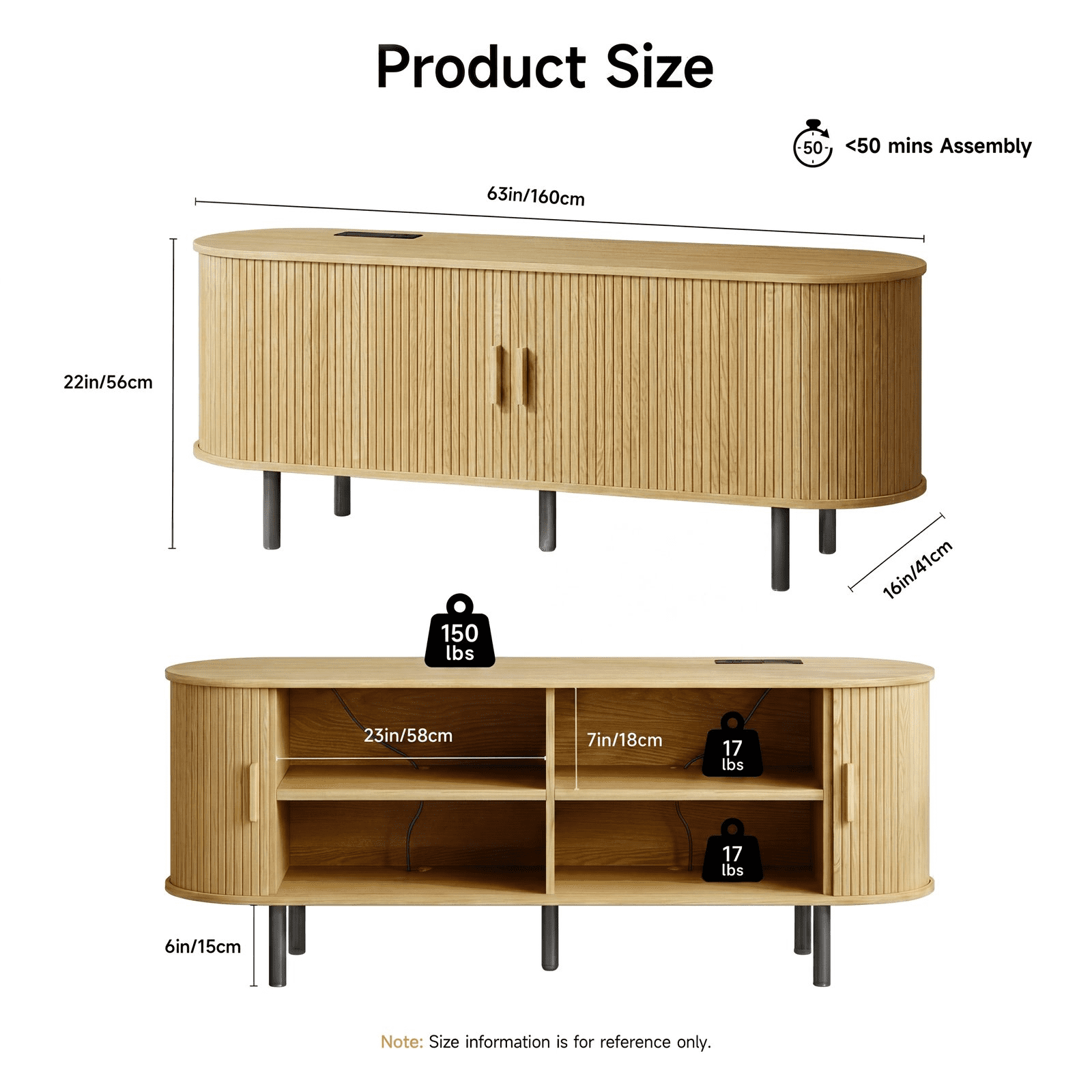 ROGALIS 63 Inch TV Stand with Built-in Power Outlet, Compatible with TVs Up to 70 Inches, Modern Entertainment Center with Adjustable Shelves, Storage Space, and Sliding Doors, Oak