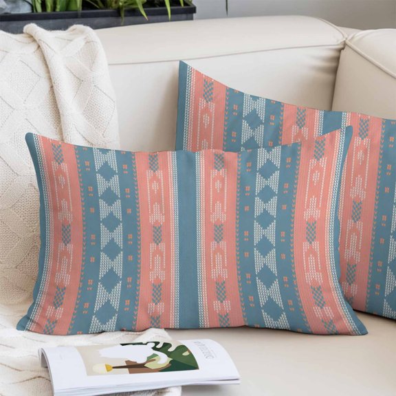 Blue Pink Boho Toddler Pillow Covers 16x24 Inch, Country Ethnic Abstract Geometric Striped Decorative Pillowcase with Zipper, Microfiber Pillow Protector Throw Pillowcases for Couch Sofa Bed