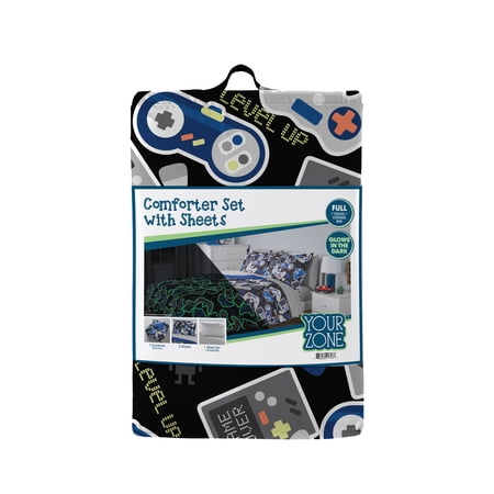 YOUR ZONE GLOW IN THE DARK 7-PIECE GAMER BEDDING SET FOR KIDS WITH FABRIC STORAGE BAG, FULL