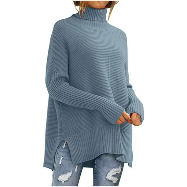 Suéter de cuello alto para mujer, color liso, informal, holgado, de punto, con abertura, cuello redondo, manga larga, blusa